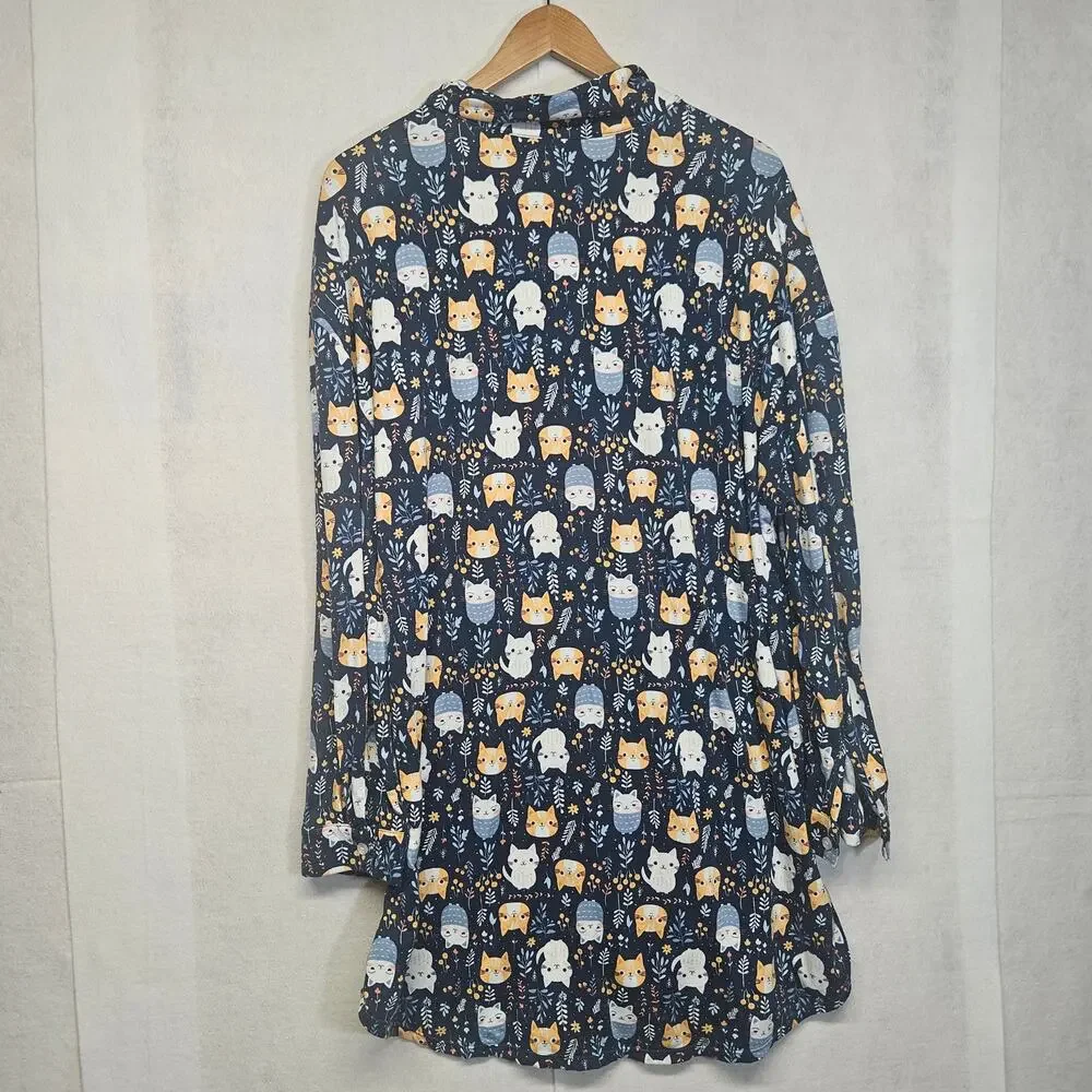 Cat Print Nightshirt Long Sleeve Button Front Sleep Dress Size XL Navy Blue